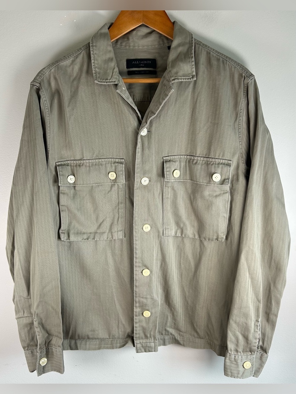 AllSaints Men’s Over Shirt Size L Carrier LS Army Inspired Green Relaxed Fit EUC